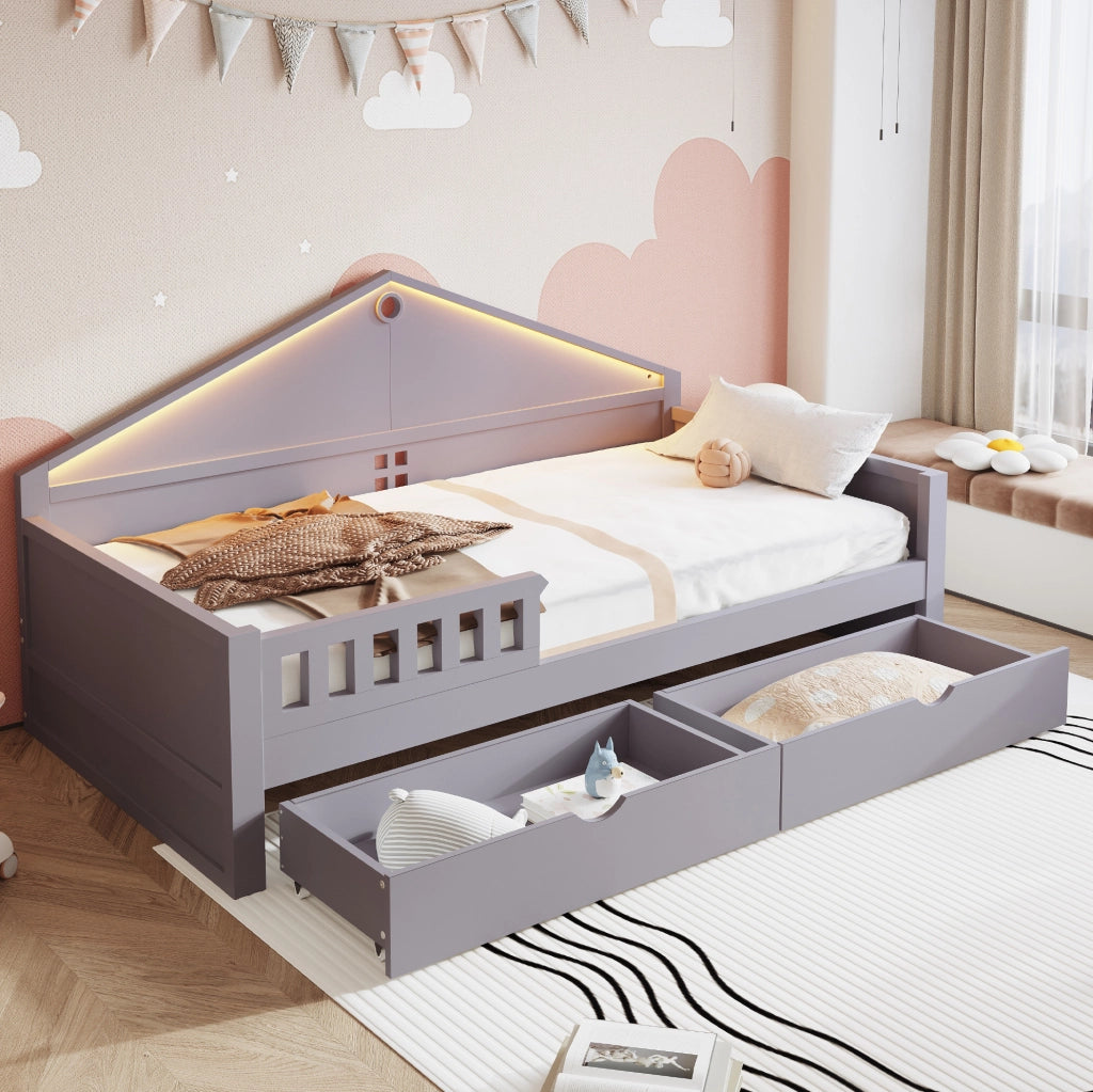 Letto singolo multifunzione 90x200 cm con LED e cassetti grigio