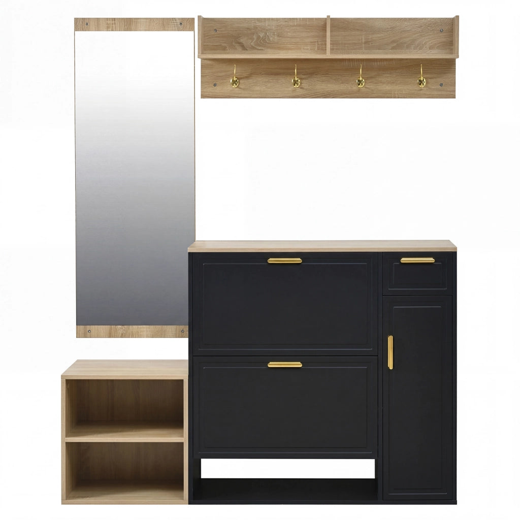 Set ingresso 4 pezzi con scarpiera, panca, appendiabiti da parete e specchio, design salvaspazio in colore Naturale + Nero