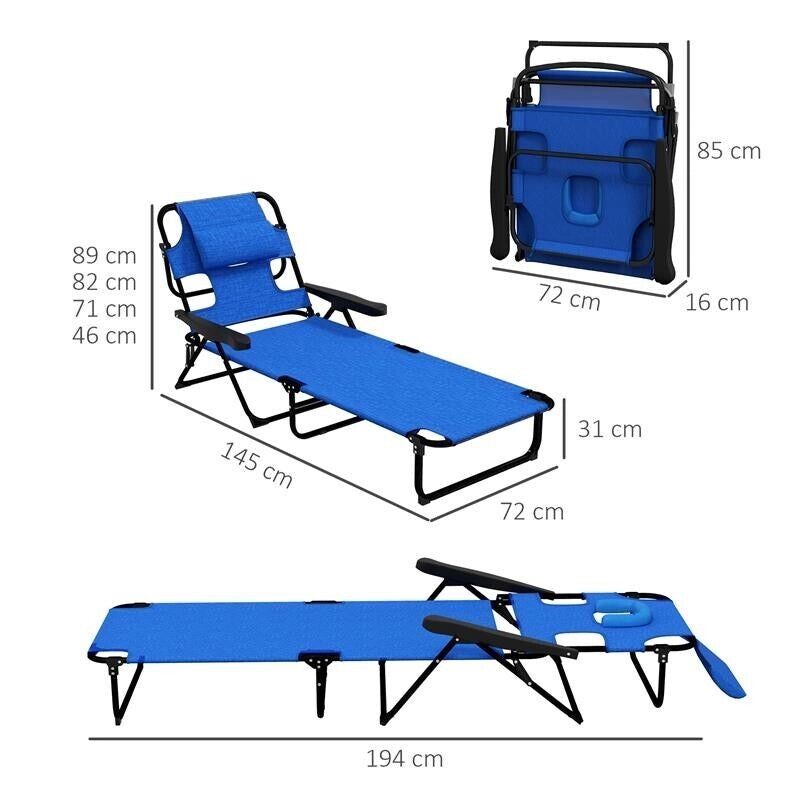 SDRAIO DA GIARDINO PIEGHEVOLE CON SCHIENALE REGOLABILE, CUSCINO E FORO PER VISO, BLU SCURO