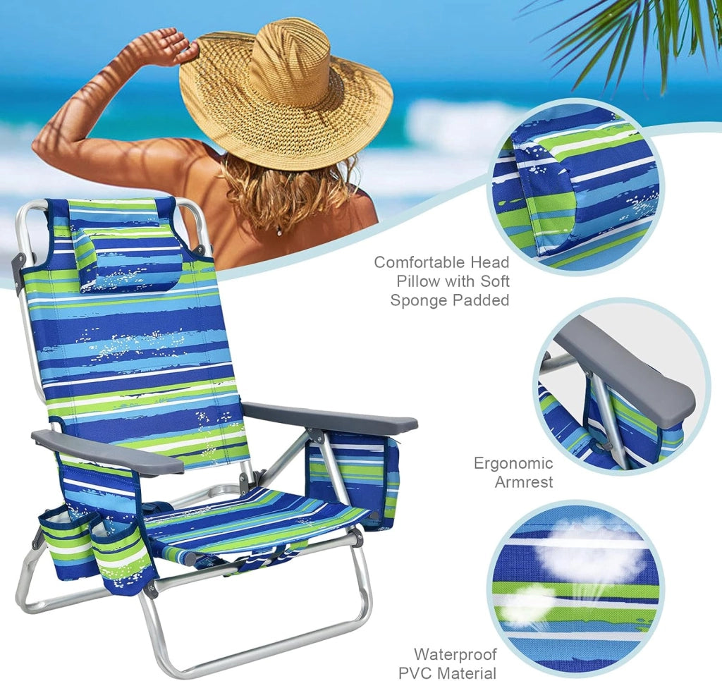 Sedia pieghevole per spiaggia, giardino, campeggio, sdraio con schienale regolabile e poggiatesta
