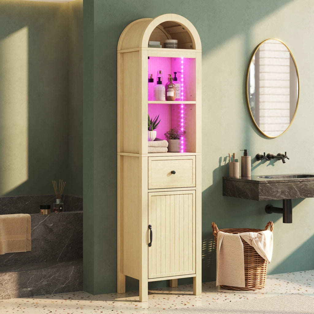 Mobile da bagno con 1 anta; cassetto e LED; per bagno; in MDF; 40x30x163 cm; naturale