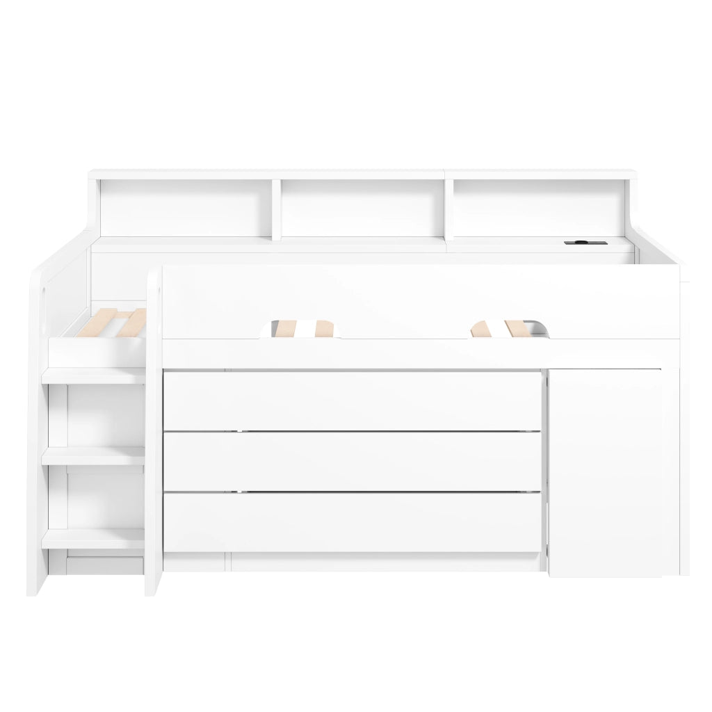 Letto a Soppalco 90x200 cm con 3 Cassetti; Scrivania Mobile; LED e Mensole Laterali