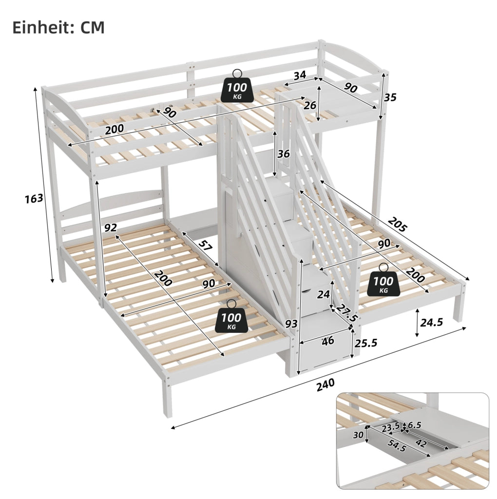 Letto a castello triplo 90x200 cm in pino con scala contenitiva e sponde, bianco