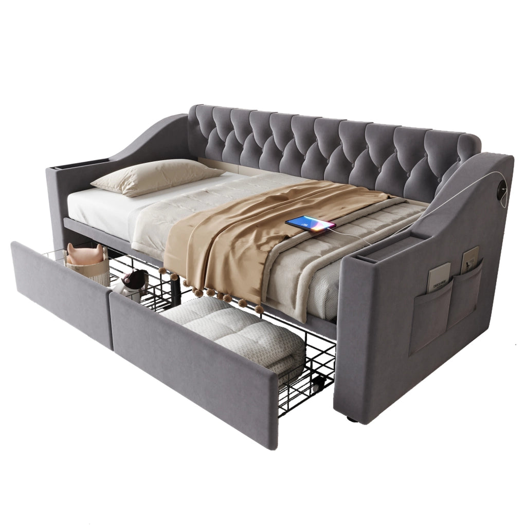 Divano letto imbottito con 2 cassetti contenitore; USB e Type-C; 90x190 cm; velluto grigio scuro