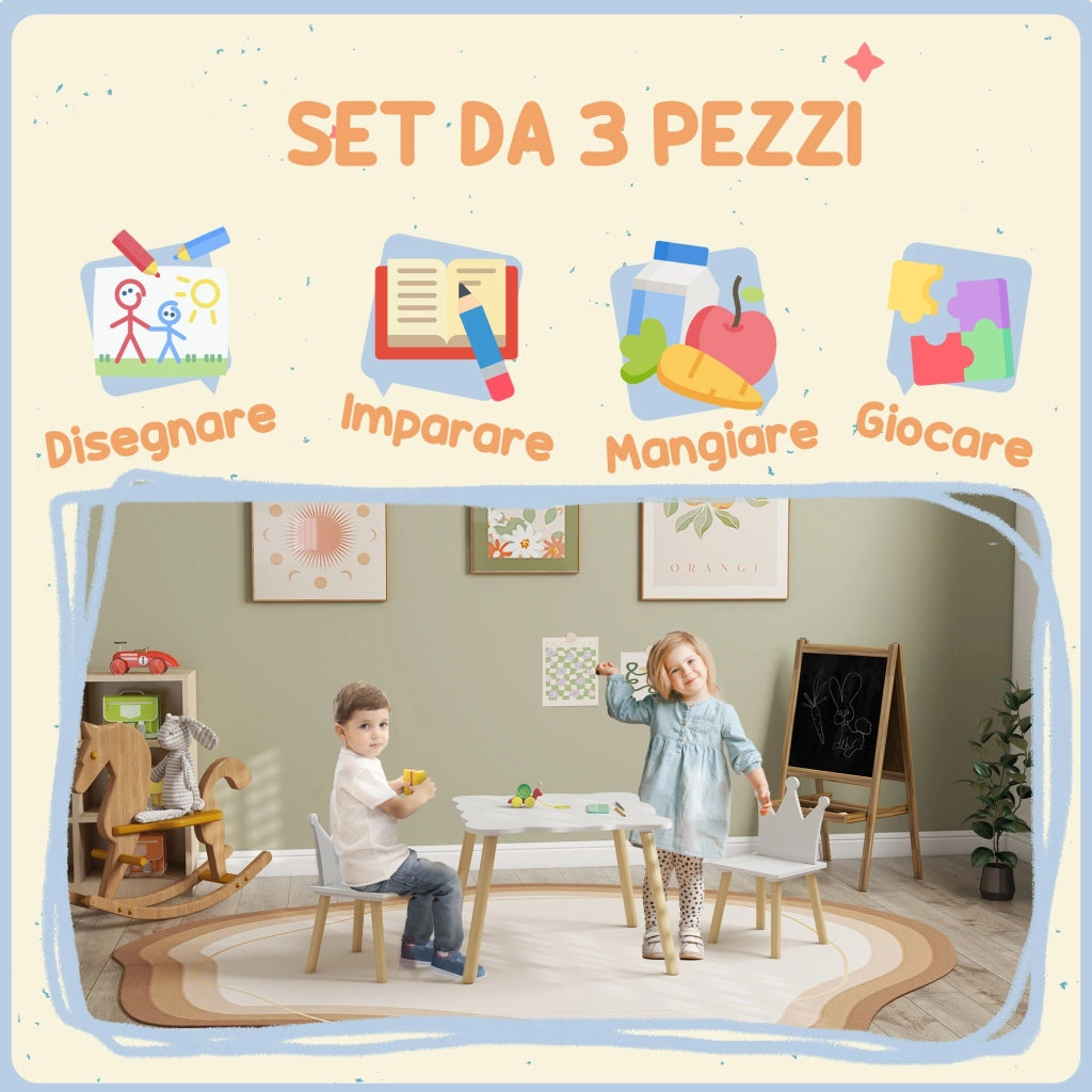 Set Tavolo con 2 Sedie per Bambini Corona Bianco