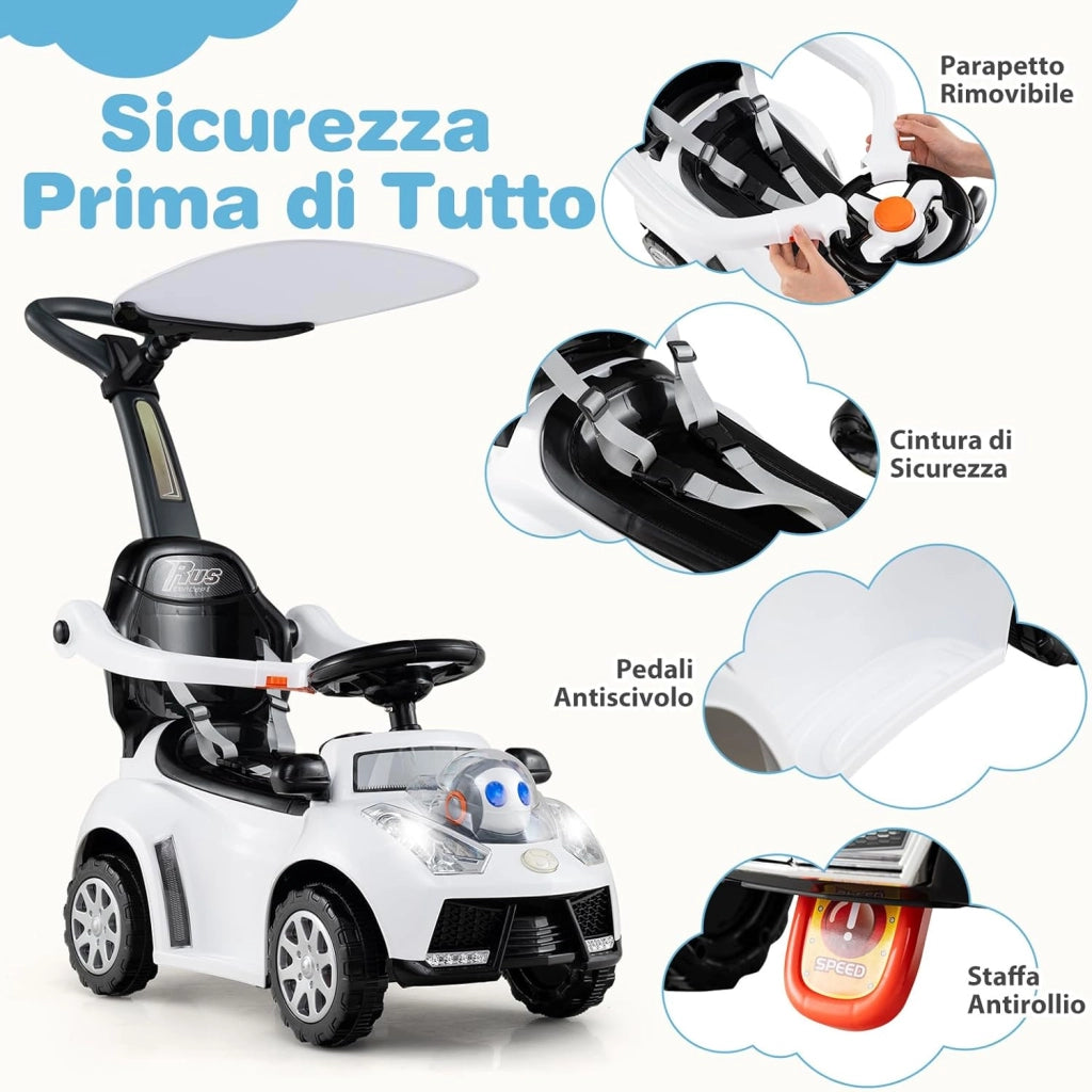 3 in 1 Auto a Spinta, Macchinina da Passeggio con Clacson, Musica, Luci, Cintura di Sicurezza, Tettuccio e Manico, Macchina Cavalcabile per Bambini 1+ Anni (Bianco)