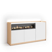 Credenza, Mobile, Cucina, 156x80x37 cm, 3 Porte, Camino elettrico, LED, Bianco e Rovere soft