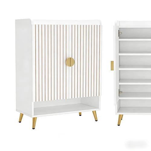 Mobile portascarpe a 7 ripiani, bianco e oro, in metallo e legno, per ingresso e soggiorno