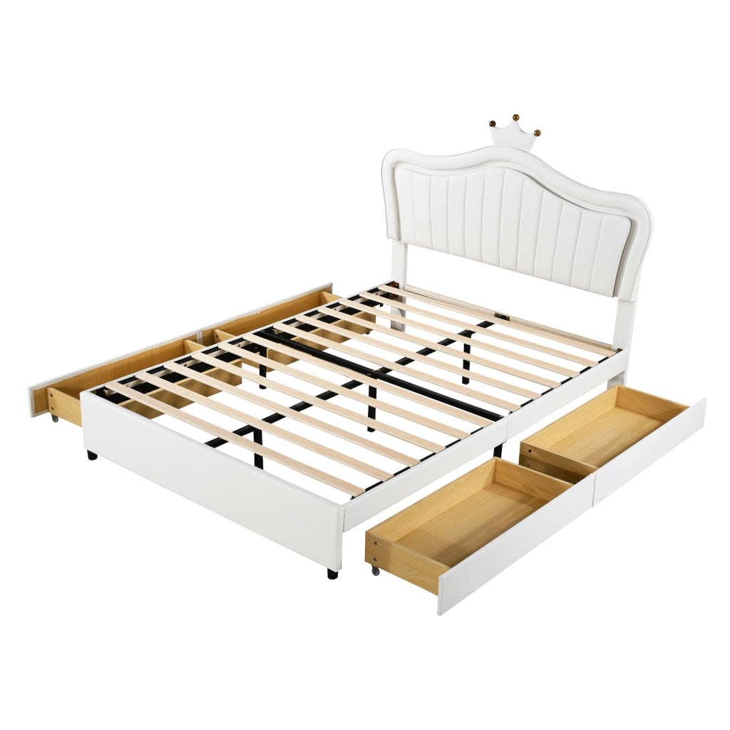 DESMIU Letto per bambini 140 × 200 cm 2 posti con 4 cassetti, luce LED e schienale regolabile, senza materasso, bianco
