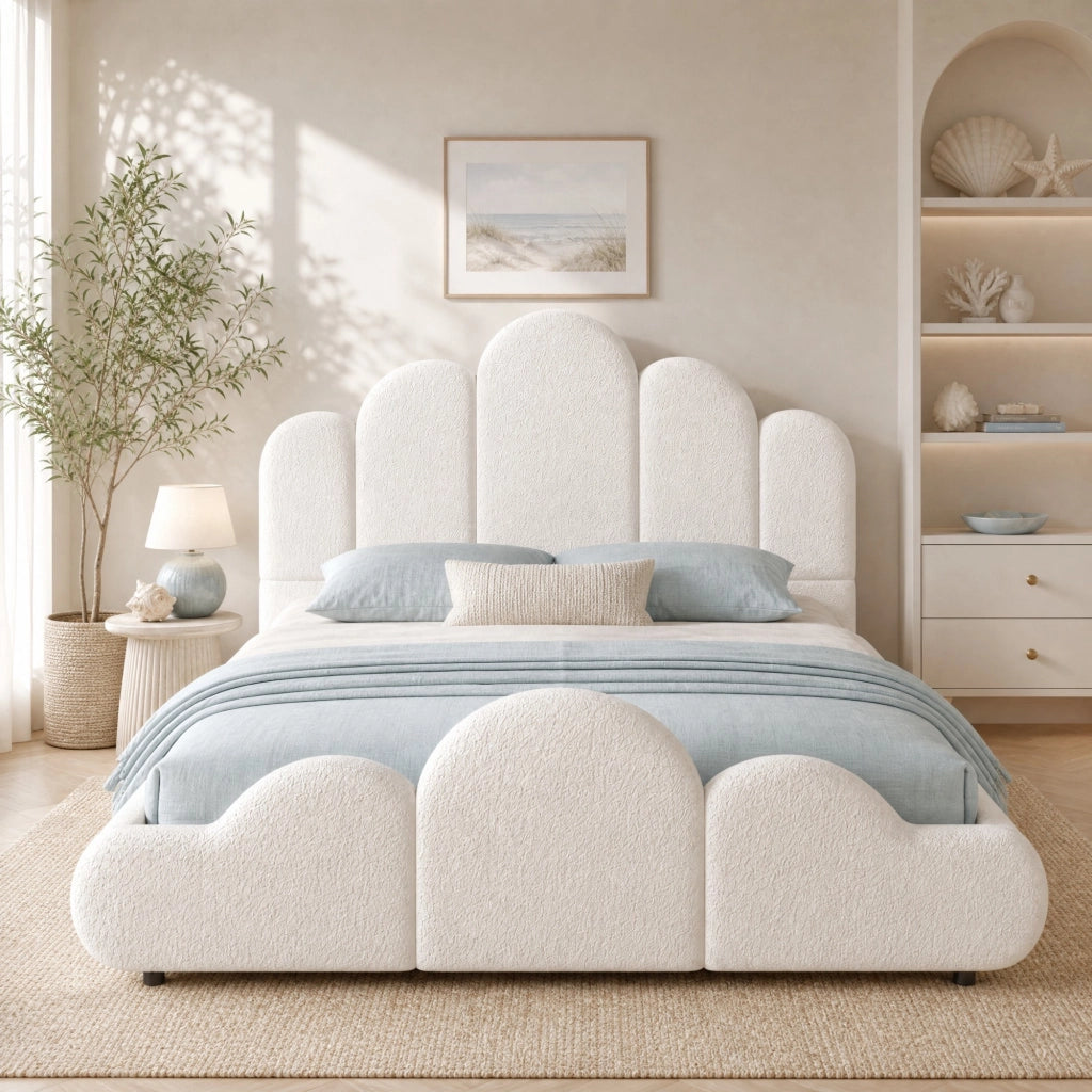 Letto per bambini imbottito 140x200 cm in bouclé beige con testiera e struttura con rete a doghe