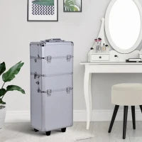 Valigetta Beauty Case 2 in 1 con Maniglia Regolabile su 3 Livelli e Ruote, Trucco Professionale Trolley per Make Up in Alluminio, 35.5x23x105 cm, Argento