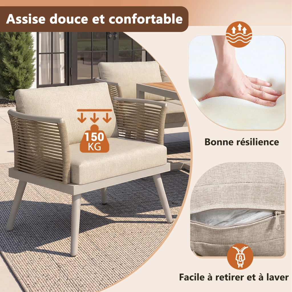 Salotto da Giardino con 4 Divani; Tavolino e Cuscini per 7 Persone; Ferro; Beige