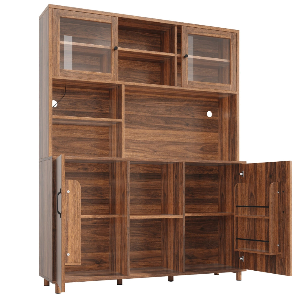 Credenza alta 140x40x185 cm con luci LED e ante scorrevoli in vetro; MDF; marrone noce