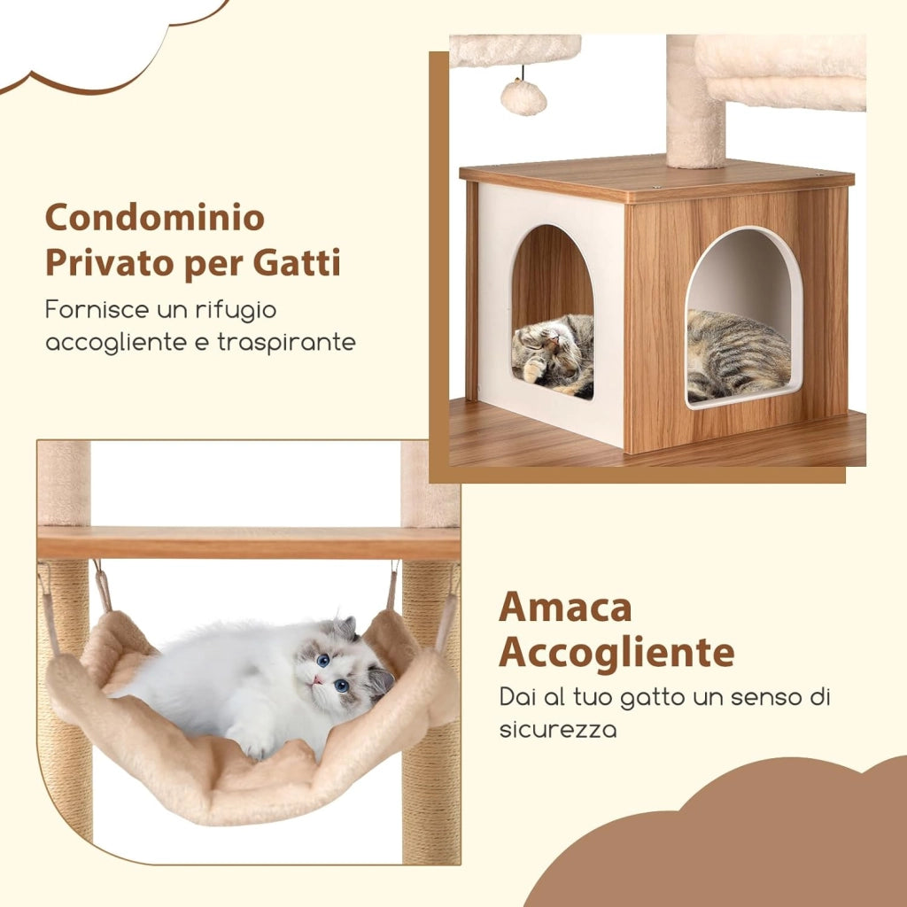 Tiragraffi per Gatti 168 cm, Albero per Animali Domestici con 3 Piattaforme, Condo, Tiragraffi in Sisal, Scala e Palline Appesse, Mobile da Arrampicata con Multi Livelli