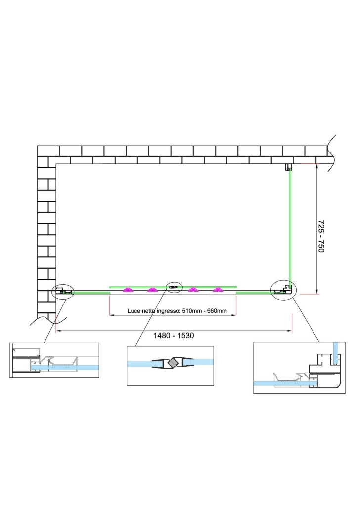 Box doccia 6 mm H 190 parete fissa e porta a 4 ante con apertura centrale MISURA 72,5-75 ANTA FISSA + PORTA 148-153