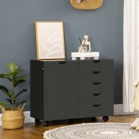 Mobile portaoggetti da scrivania con 5 cassetti 1 porta ripiano regolabile, supporto stampante su ruote, 78x40x66,5 cm, nero