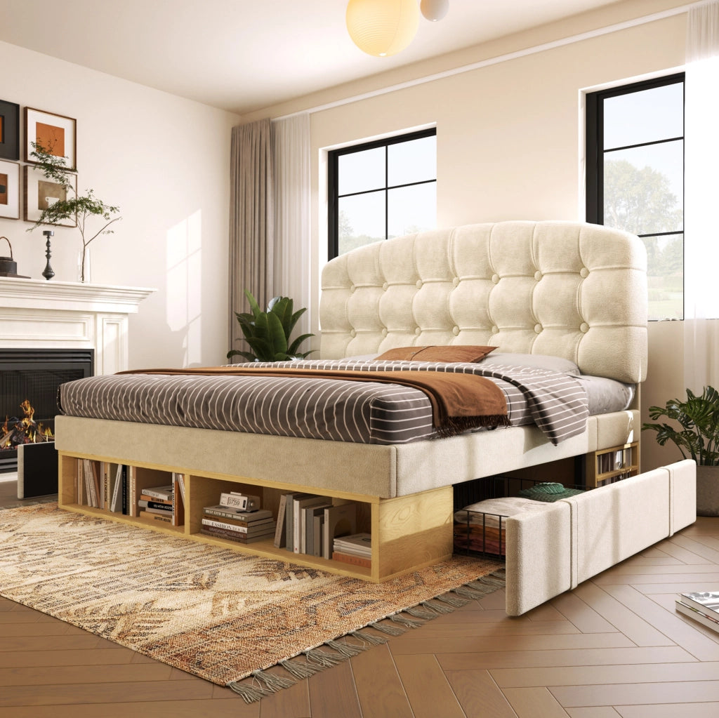 Letto singolo imbottito 90x200 cm beige con cassetti