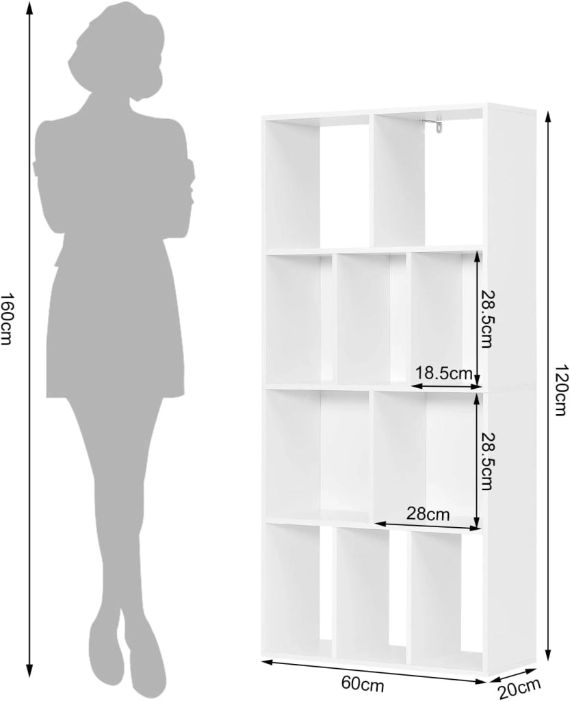 Scaffale da Soggiorno a 4 Ripiani, Libreria in Legno Salvaspazio con 10 Cubi Portaoggetti, Mobile Multiuso Moderno Bianco, per Studio, Camera da Letto, Cucina, Ufficio, 60x20x120cm