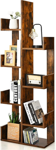 Scaffale Libreria a Albero, a 8 Livelli, Ideale per Soggiorno, Studio e Ufficio, Stile Moderno, Nero/Bianco/Marrone, 50x24,5x145 cm (Marrone)