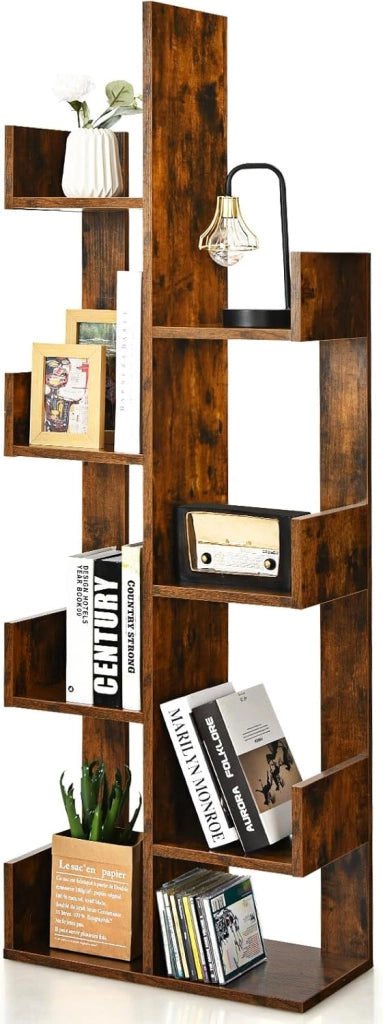 Scaffale Libreria a Albero, a 8 Livelli, Ideale per Soggiorno, Studio e Ufficio, Stile Moderno, Nero/Bianco/Marrone, 50x24,5x145 cm (Marrone)