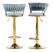 Coppia Sgabelli da Cucina Bar Schienale Intrecciato Velluto e Struttura Oro Grigio