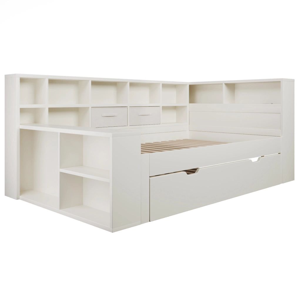 Letto 90x200 cm con letto estraibile; USB e Type-C in legno e truciolare bianco