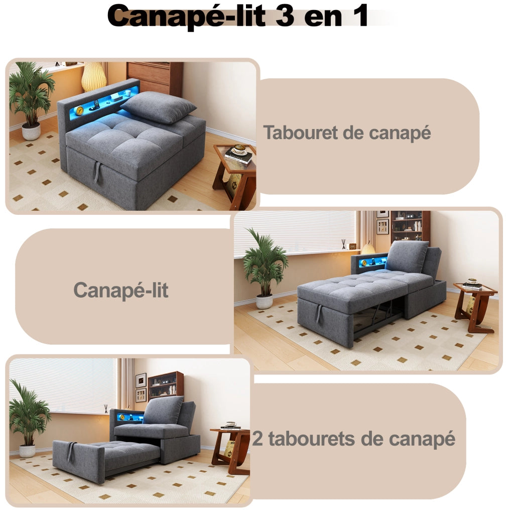 OKWISH Divano Letto 3 in 1, Schienale Regolabile in 5 Posizioni con LED, Porte USB-C e Cuscino, Tessuto di Lino, Grigio Chiaro