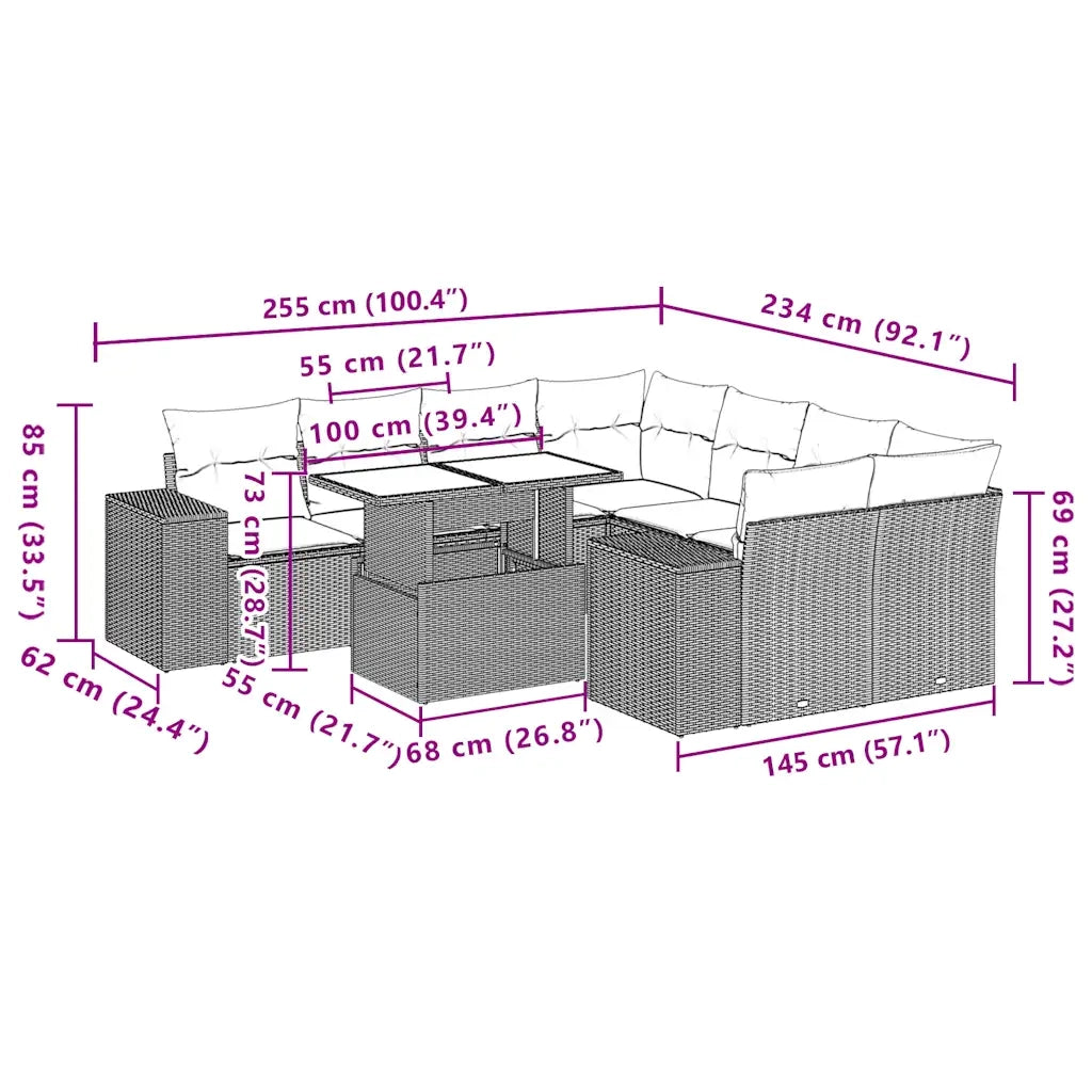 Set Divani da Giardino 9 pz con Cuscini Nero in Polyrattan