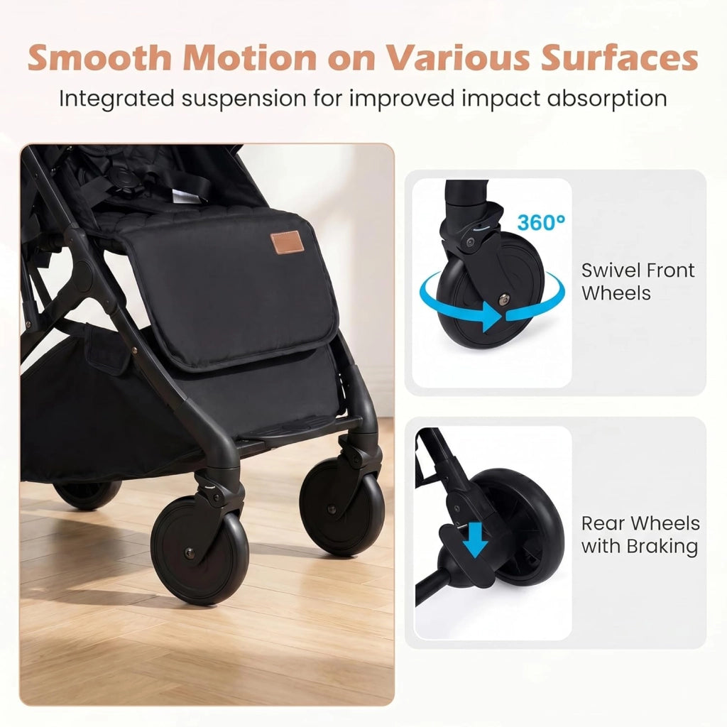 Passeggino Leggero per Bambini e Neonati, Passeggino Pieghevole e Portatile con Ruote, Schienale Regolabile, Tettuccio, Cintura di Sicurezza, Cesto e Copertura Antipioggia (Grigio)