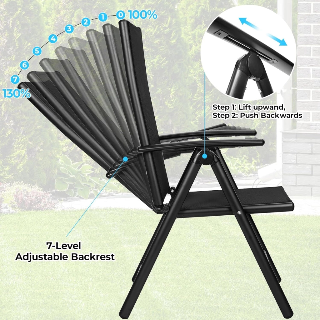 Set Giardino Esterno Aluminium 5 Pezzi, Tavolo da giardino tutto in Alluminio con 4 Sedie Pieghevoli Alto Regolabili, Resistente Alle Intemperie, Nero