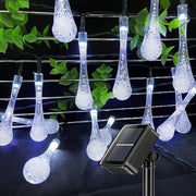 Cavo di illuminazione solare per esterno, 50 led, 7,5 m, gocce d'acqua, 8 modalità su energia solare, impermeabile, per terrazza, giardino, balcone, Natale, decorazione interna (bianco)