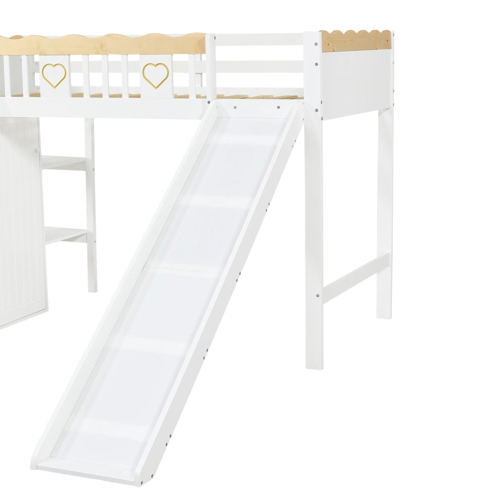 Letto a soppalco per bambini 90 x 200 cm con scivolo e armadi bianchi e naturali