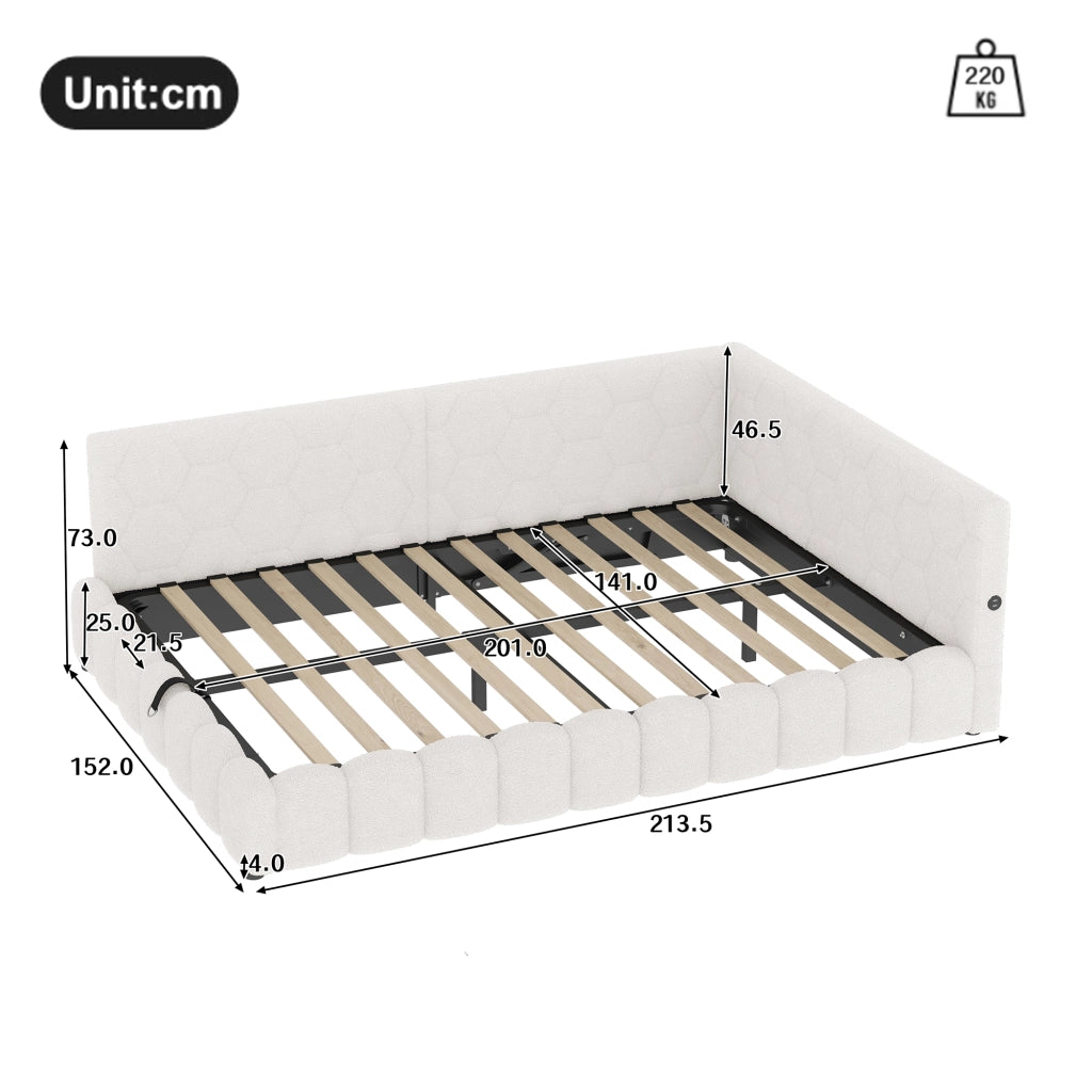 Letto a una piazza e mezza 140x200 cm con rete a doghe, contenitore idraulico, LED, USB e Type-C, bianco