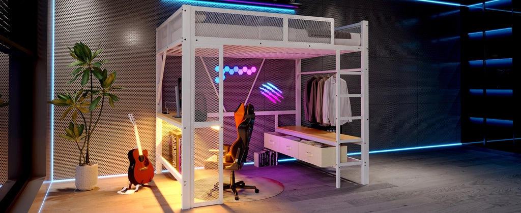 DESMIU Letto a soppalco 2 posti con scrivania, 3 cassetti, USB e LED regolabile 140 × 200 cm, senza materasso