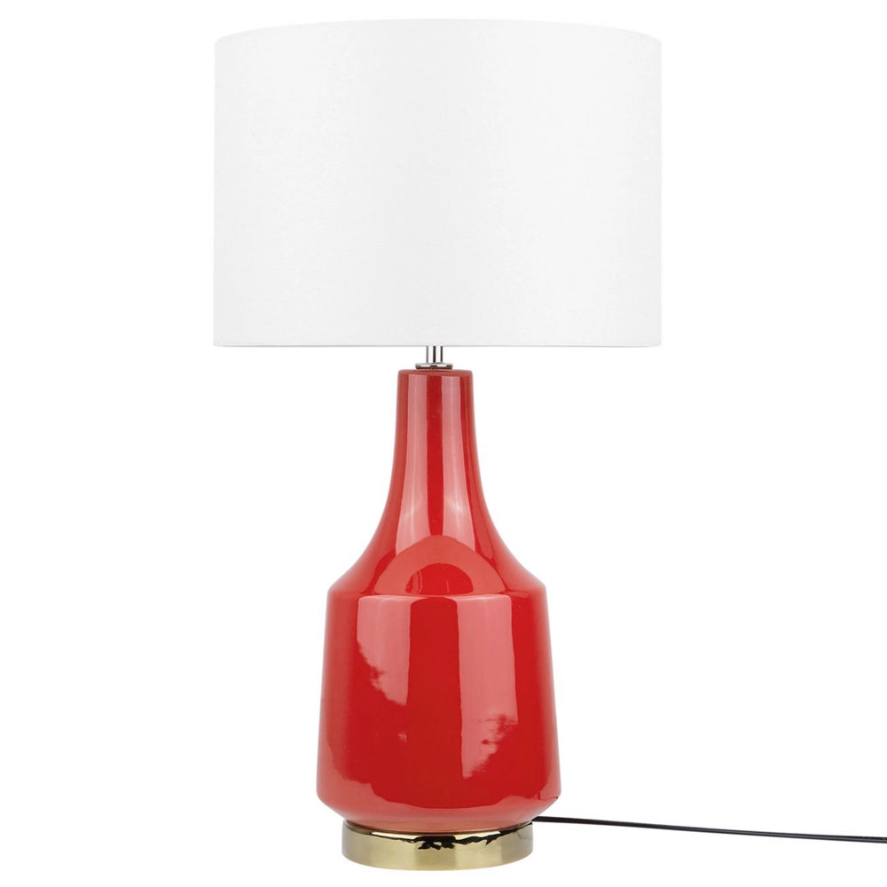 Lampada da Tavolo Comodino Luce Rossa Base in Ceramica Tamburo paralume in policotone Bianco Sporco Paralume Rotondo