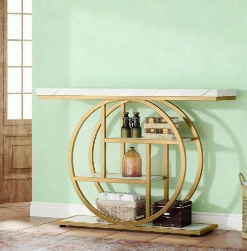 Console 105x30x80 cm bianca e dorata, 4 livelli, struttura in metallo e legno