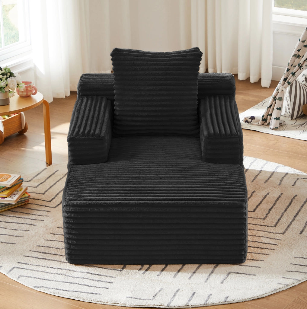 Divano letto ULEVR in velluto a coste nero, chaise longue e poltrona relax senza montaggio