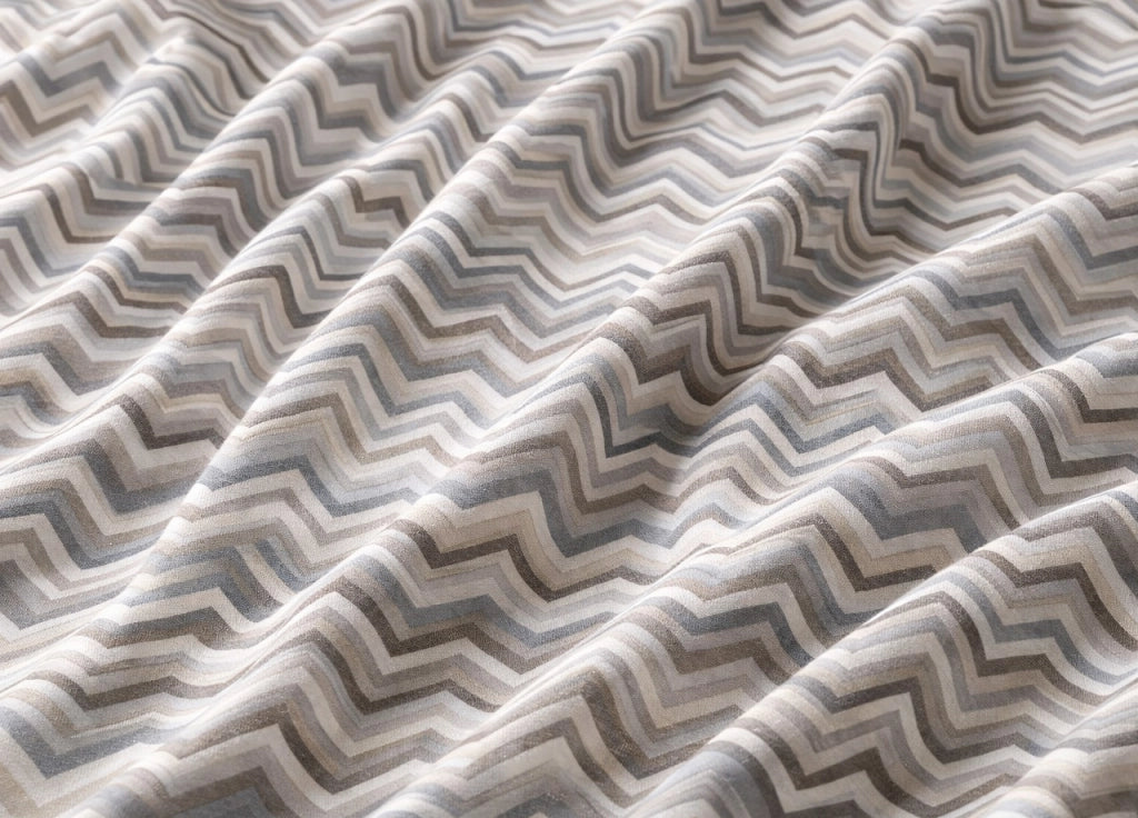 Completo Lenzuola Letto In 100% Cotone Rigato Zig Zag Disegno Baia - Matrimoniale - Beige