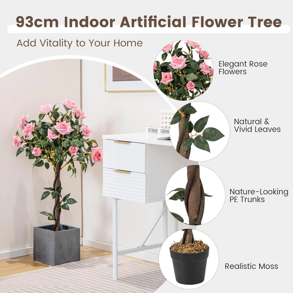 Pianta di vaso con rose artificiali, albero di fiori realistico, con tronco di legno e vaso di cemento, senza manutenzione, per la decorazione della casa e dell'ufficio