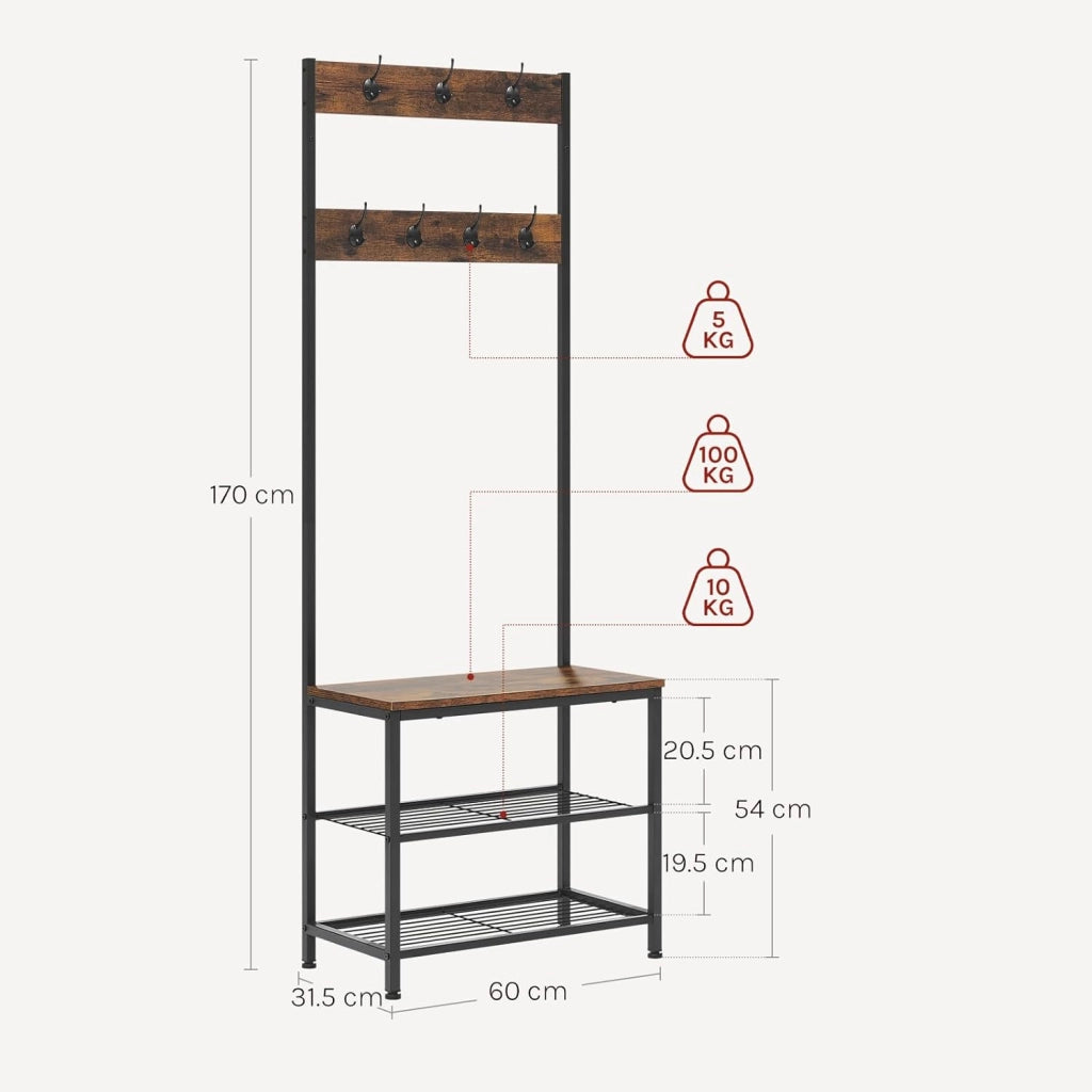 Appendiabiti Panca Porta Scarpe 3 in 1, Scaffale per Scarpe a 2 Livelli con Sedile e 7 Ganci, per Corridoio/Ingresso, Metallo + Legno Ingegnerizzato, Nero + Marrone Rustico, 60x31,5x170cm
