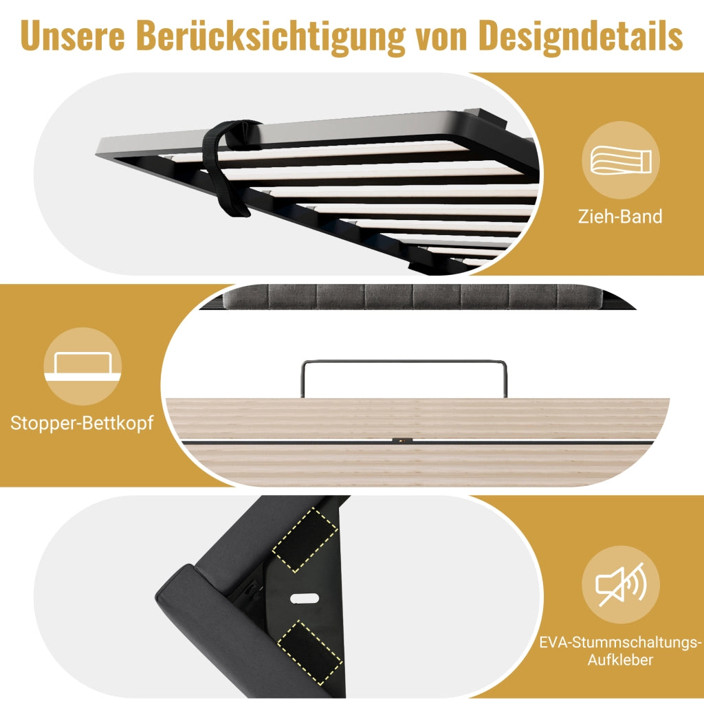 Letto contenitore 160 × 200 cm con illuminazione LED, USB e Type-C, testiera con ripiani, senza materasso, grigio