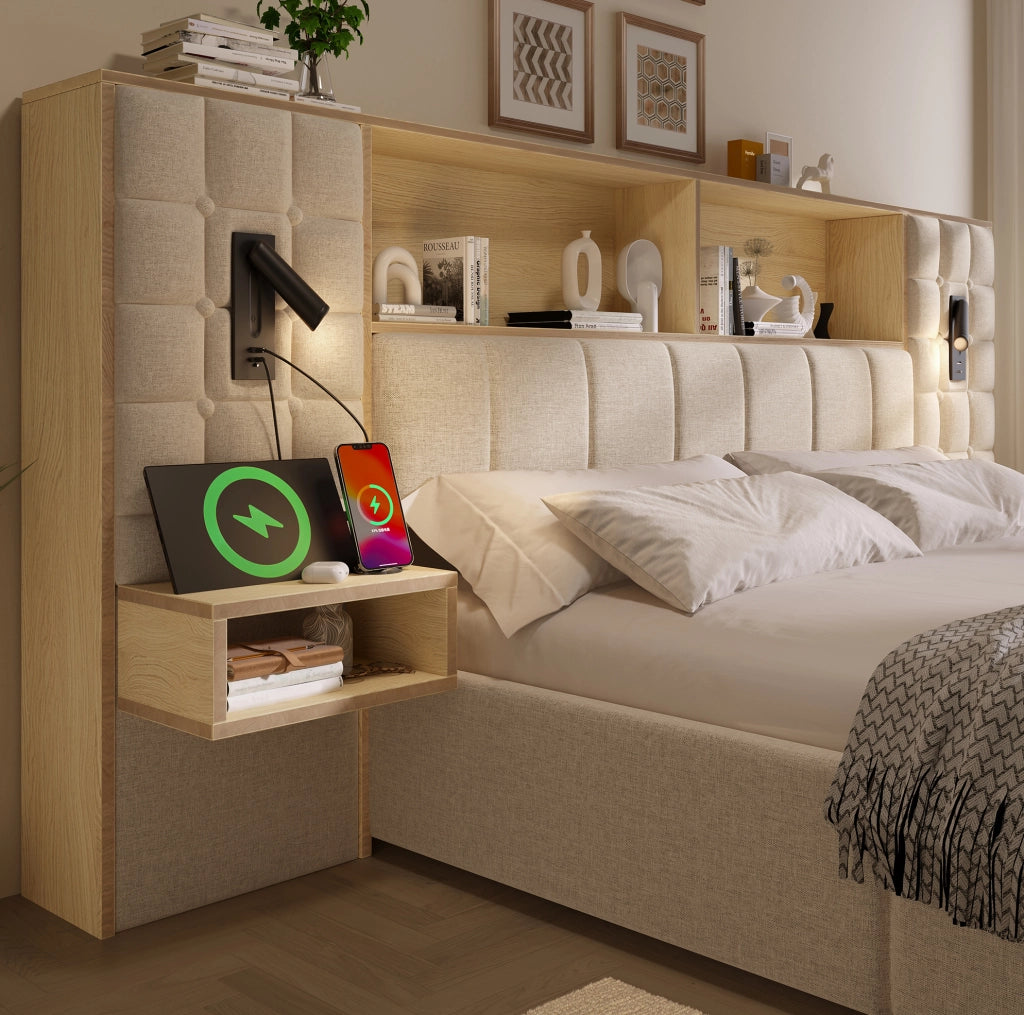 Letto matrimoniale 160x200 cm con contenitore; in tessuto effetto lino beige; luci lettura e ricarica USB-C