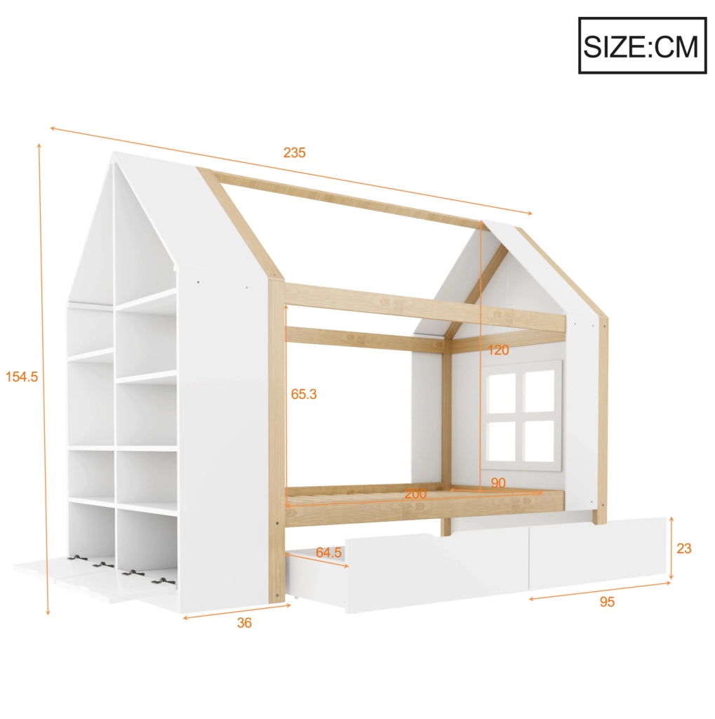 Letto a casetta 90x200 cm con LED e 2 cassetti in legno bianco