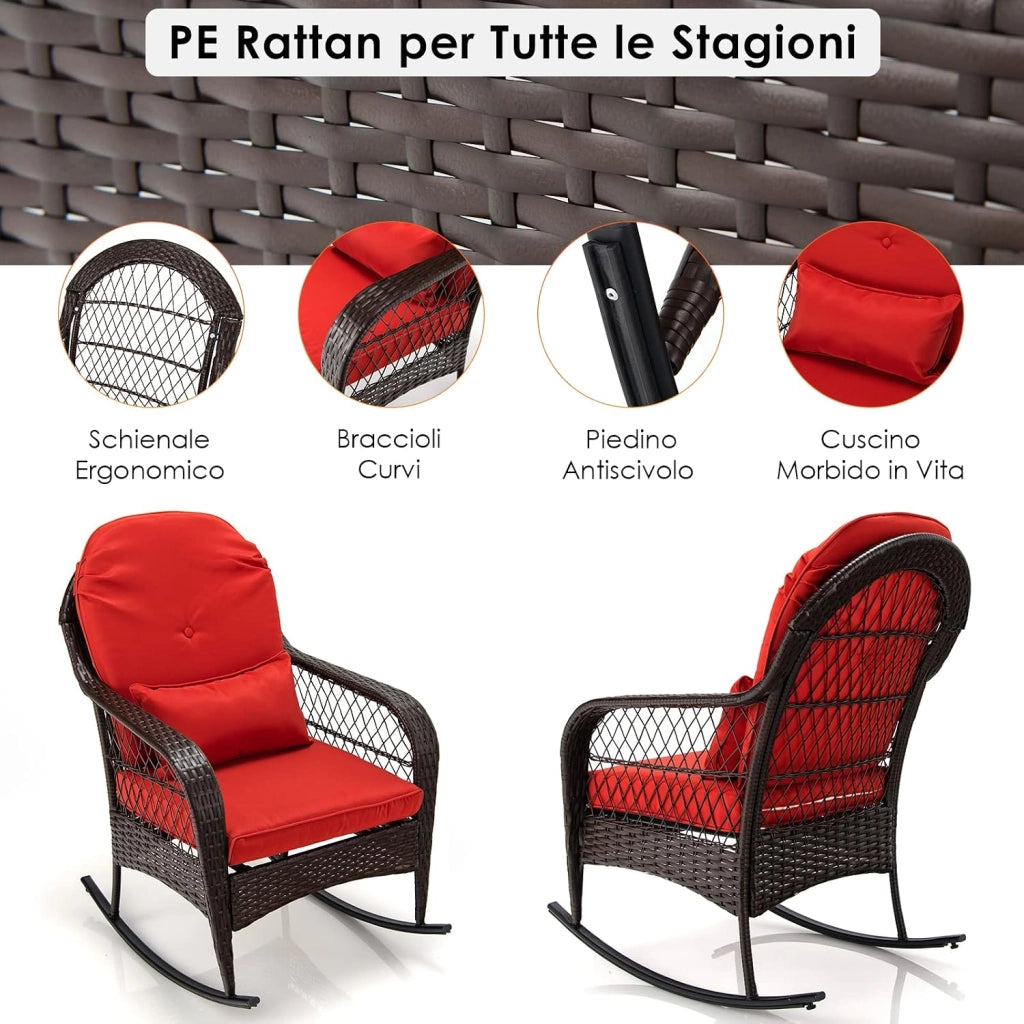 Sedia a Dondolo in Rattan per Cortile, Poltrona da Esterno con Cuscini Morbidi, Struttura in Acciaio Resistente, Sedile Ergonomico per Piscina Balcone Giardino, Carico Massimo 110 kg
