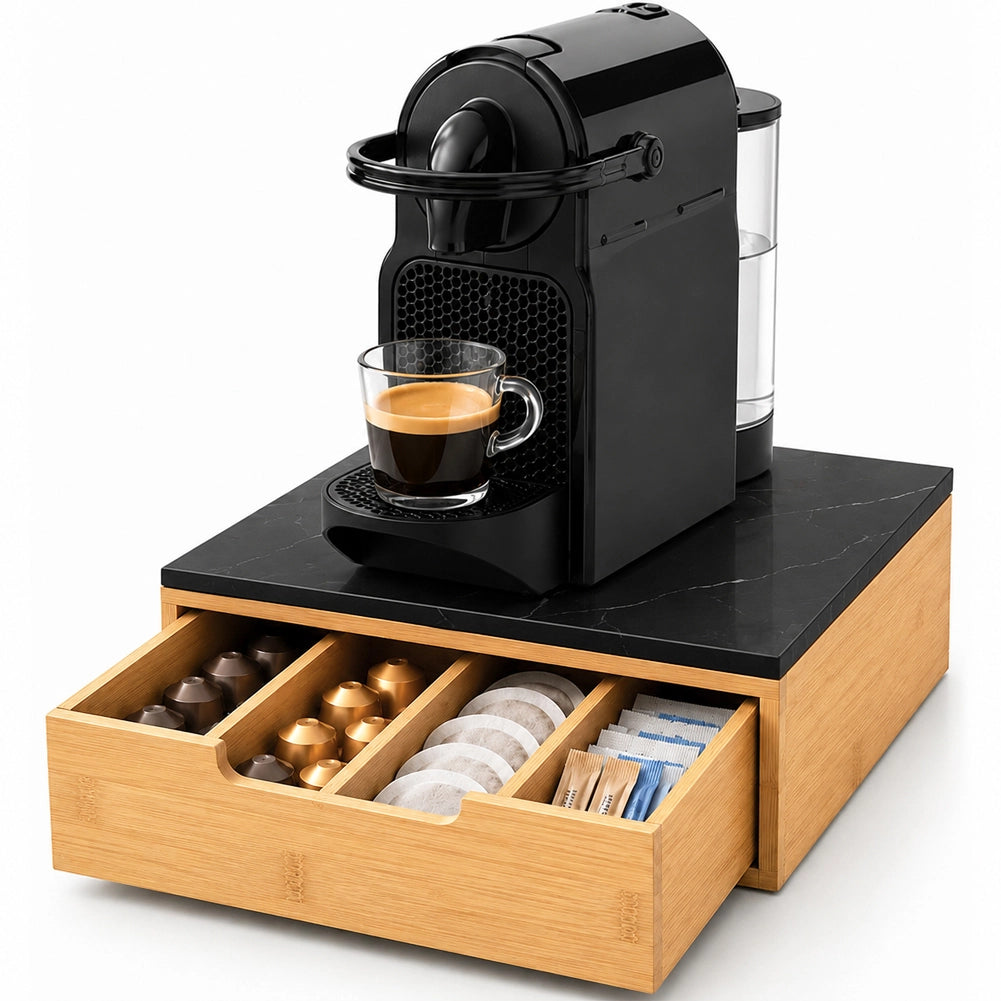 Portacapsule Piano Vetro Effetto Marmo Nero Portacialde Organizer 31.5x30x10cm