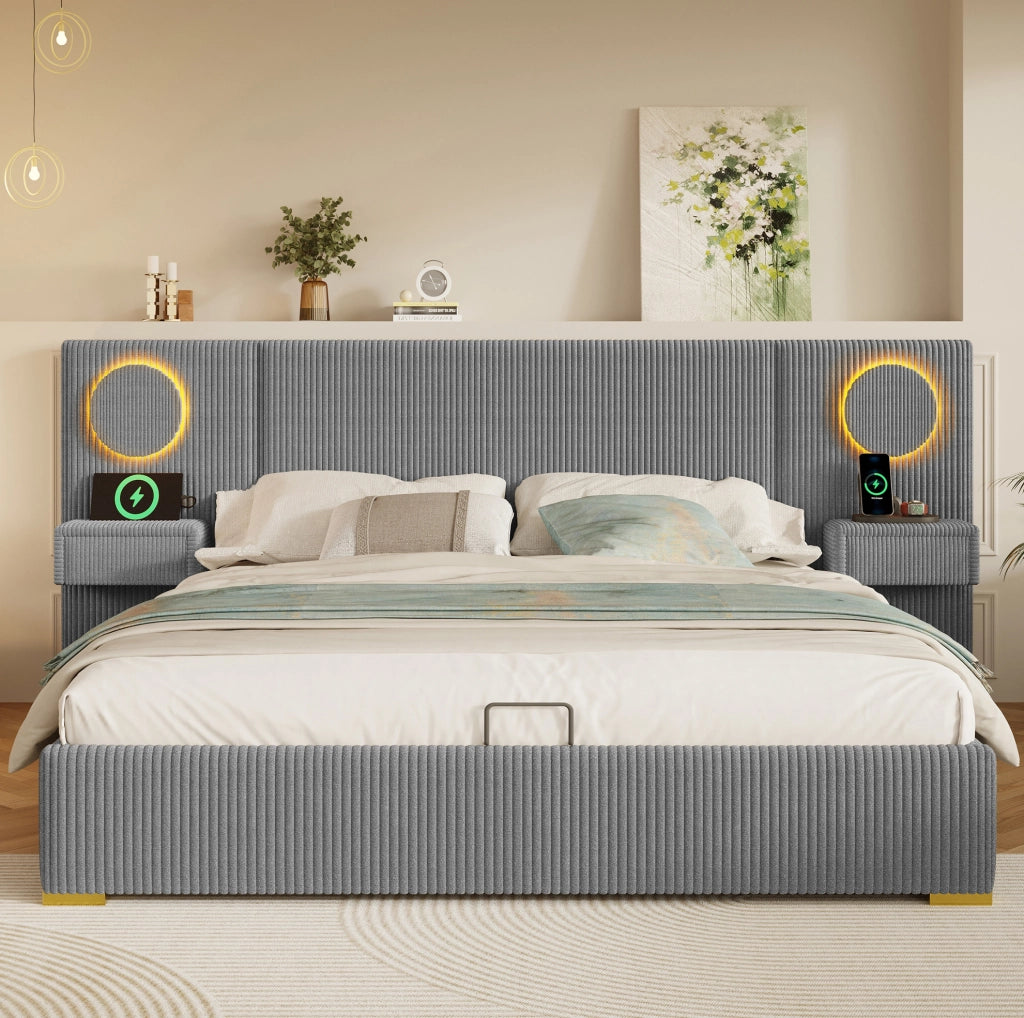 Letto imbottito 180 x 200 cm in velluto grigio con LED, USB e vano contenitore