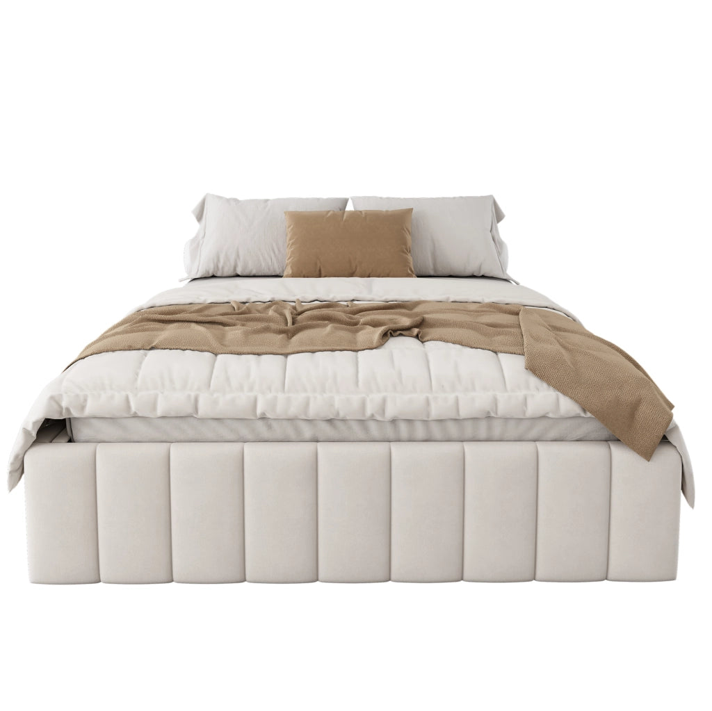 Letto imbottito 140x200 cm in velluto beige con 4 cassetti e rete a doghe