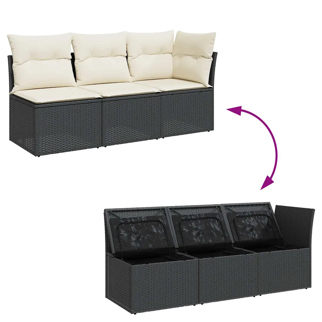Divano da Giardino a 3 Posti con Cuscini-Sofa da Giardino-Divano da esterno Nero in Polyrattan 440026