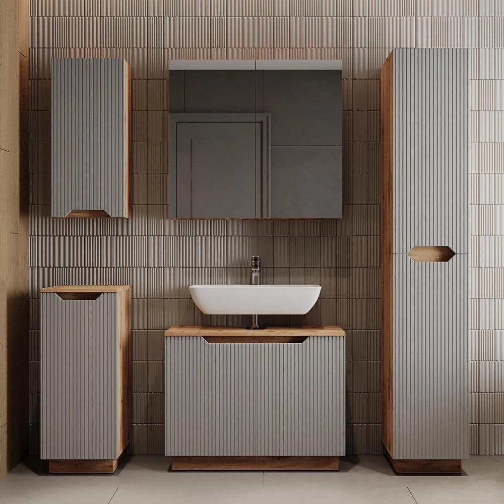 Set di mobili da bagno Lotta, Rovere/grigio a righe, 4 parti