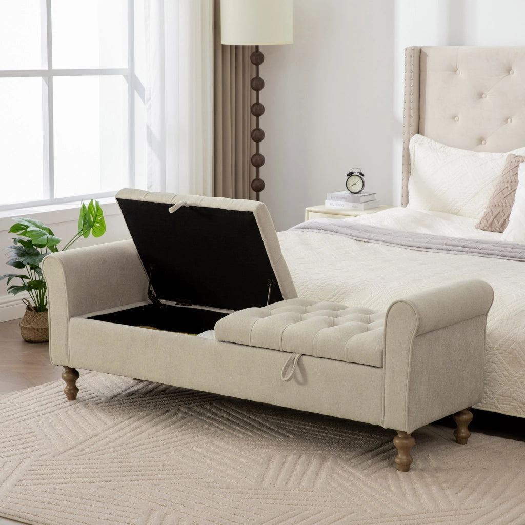 Banca contenitore con doppio coperchio e seduta in chenille con gambe in legno massiccio greige 134,5 × 30,0 × 49,0 cm